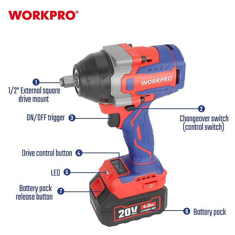 Επαναφορτιζόμενο μπουλονόκλειδο WORKPRO 20V Brushless PROFI