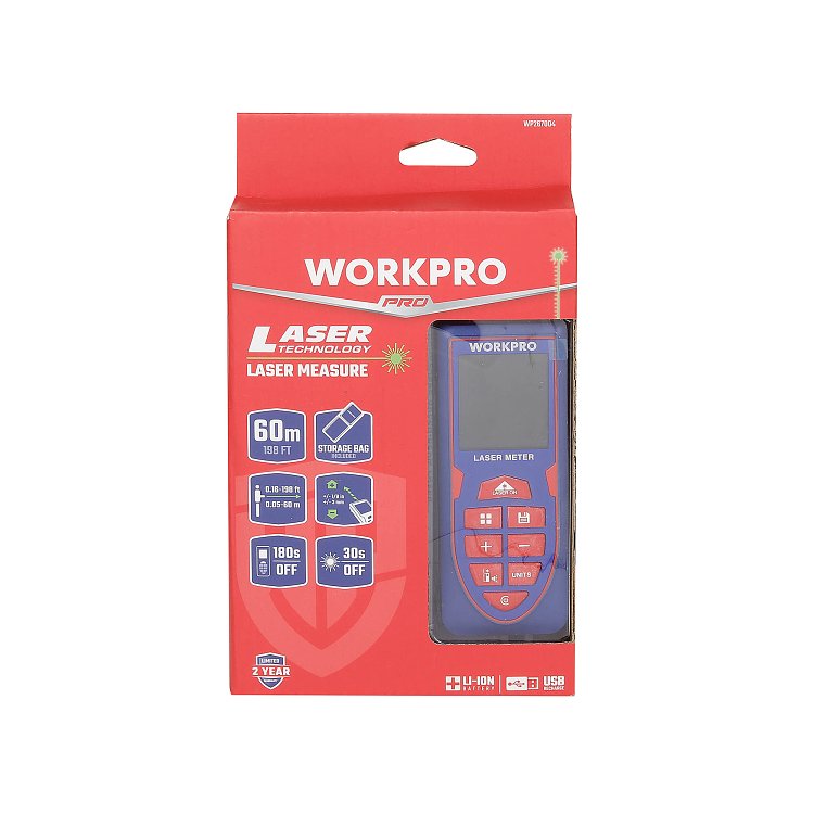 Μετρητής αποστάσεων λέιζερ WORKPRO WP267004 60m επαναφορτιζόμενος USB με ακρίβεια ±3mm PROFI