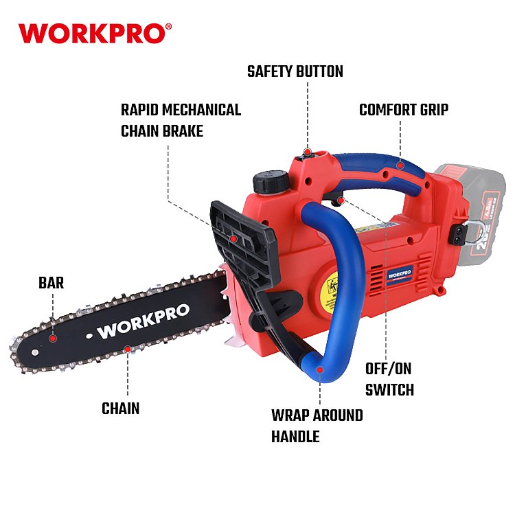 Επαναφορτιζόμενο αλυσοπρίονο WORKPRO με λάμα 25cm και Soft Grip λαβή