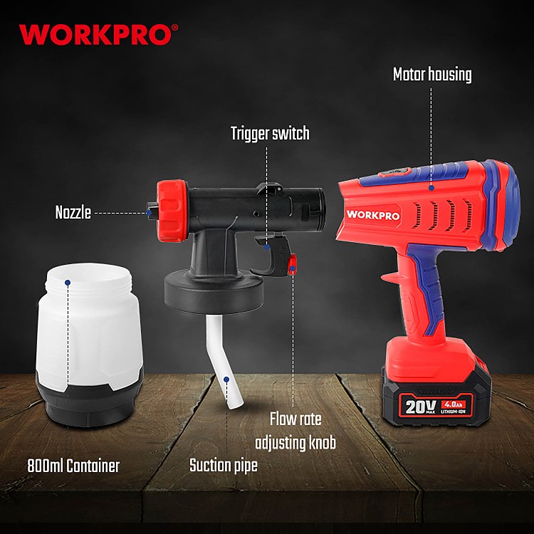 Πιστόλι βαφής WORKPRO 20V-Li BL SOLO με χωρητικότητα 800ml