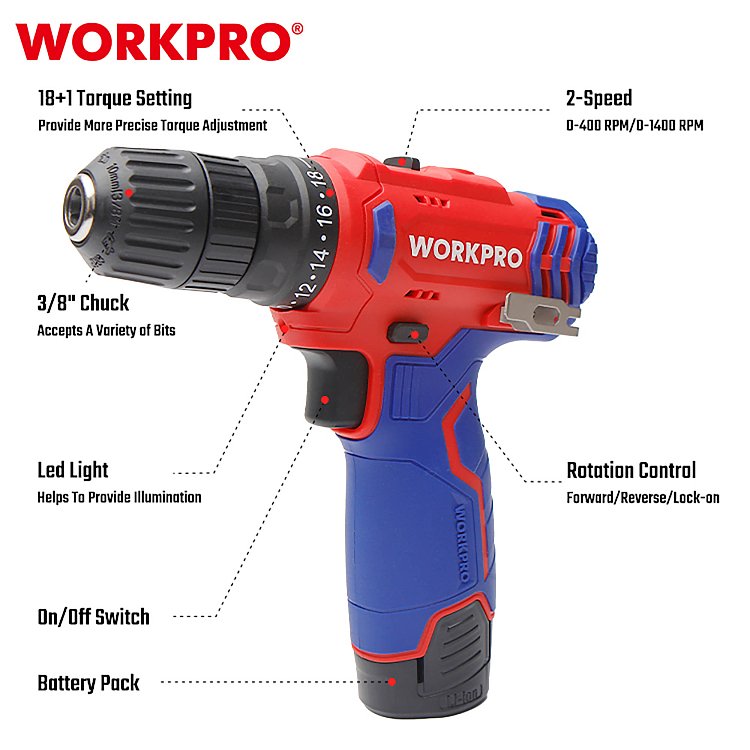 Επαναφορτιζόμενο δραπανοκατσάβιδο WORKPRO PROFI 12V με LED φωτισμό