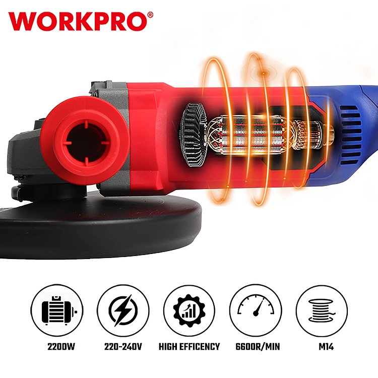 Γωνιακός Τροχός WORKPRO 2200W Φ230mm PROFI – Λεπτομέρεια λογότυπου WORKPRO και σήμανσης PROFI