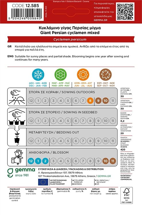 Κυκλάμινο Γίγας Περσίας Μίγμα Gemma – συσκευασία φάκελου σε κοντινό πλάνο
