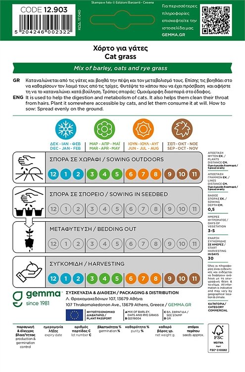 Χόρτο για γάτες – σπόροι Gemma για φυσική αποτοξίνωση