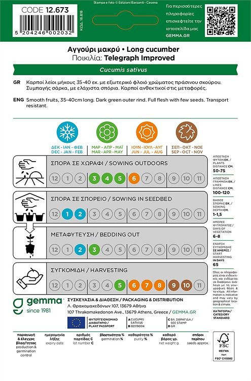 Σπόροι αγγουριού μακρύ Telegraph 35–40cm, φάκελος σπόρων, σκούρο πράσινο